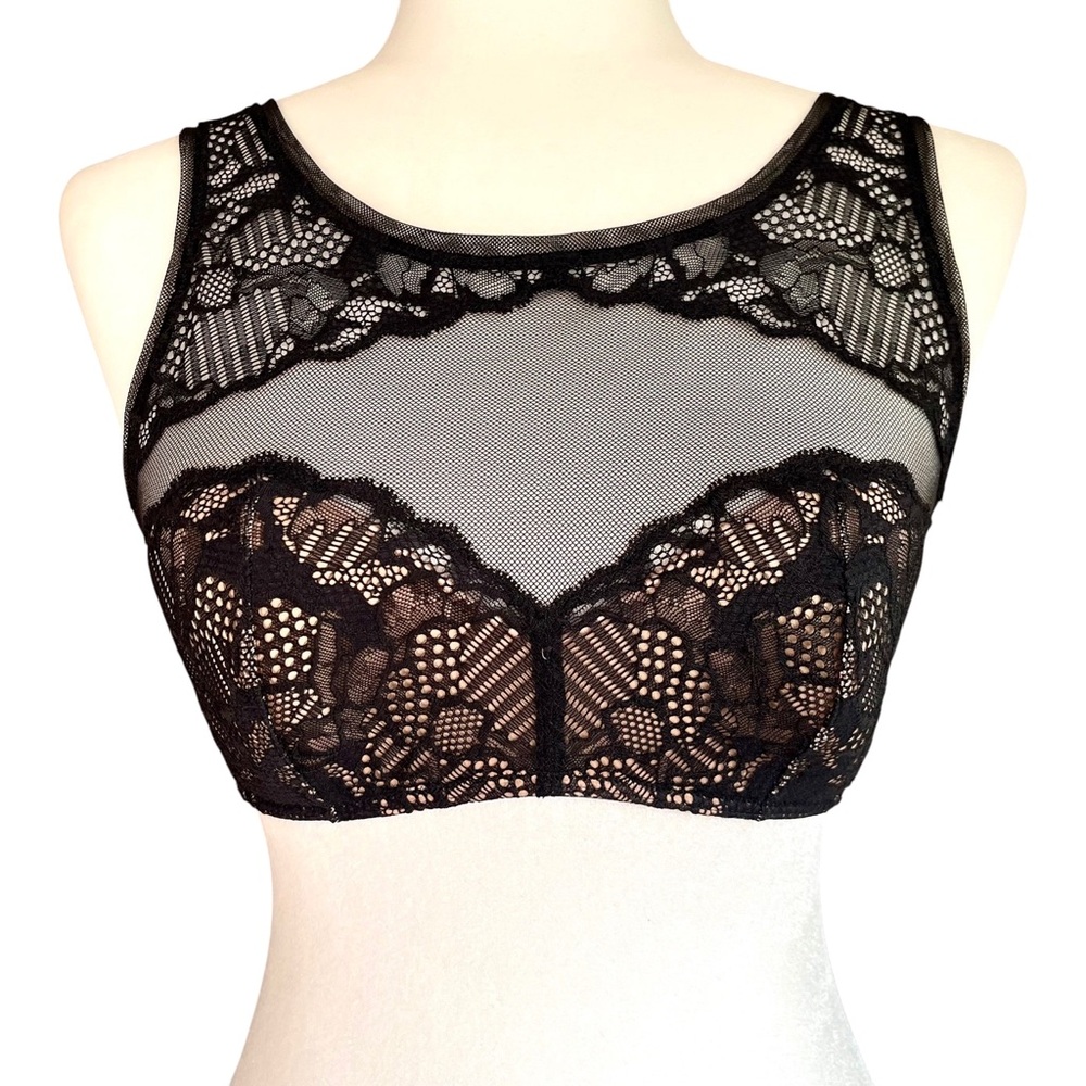 Calvin Klein Black Lace Bra Size M Sheer Fairy Whimsigoth Balconette Soft Cup